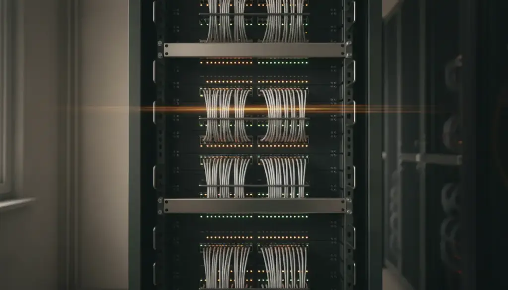 Dressed bundles of network cable dropping into a patch panel on an equipment rack