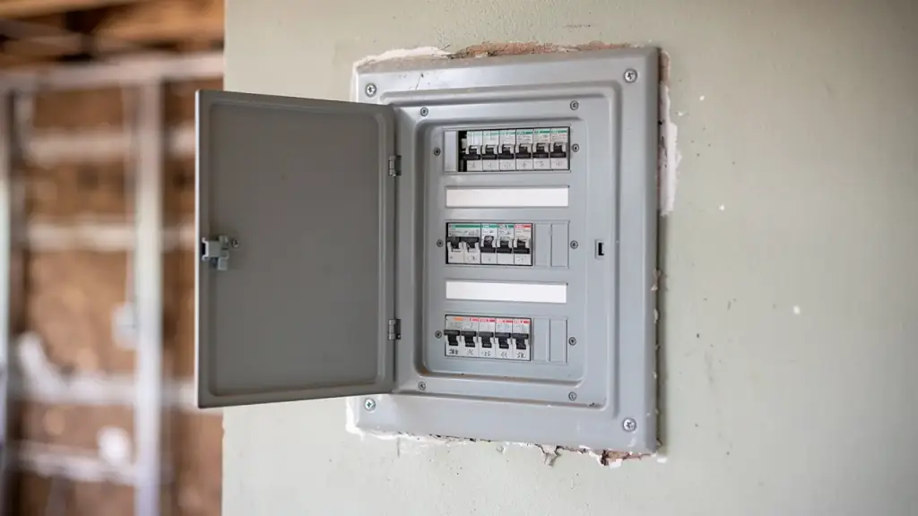 A breaker panel set into an open, freshly framed wall during a renovation