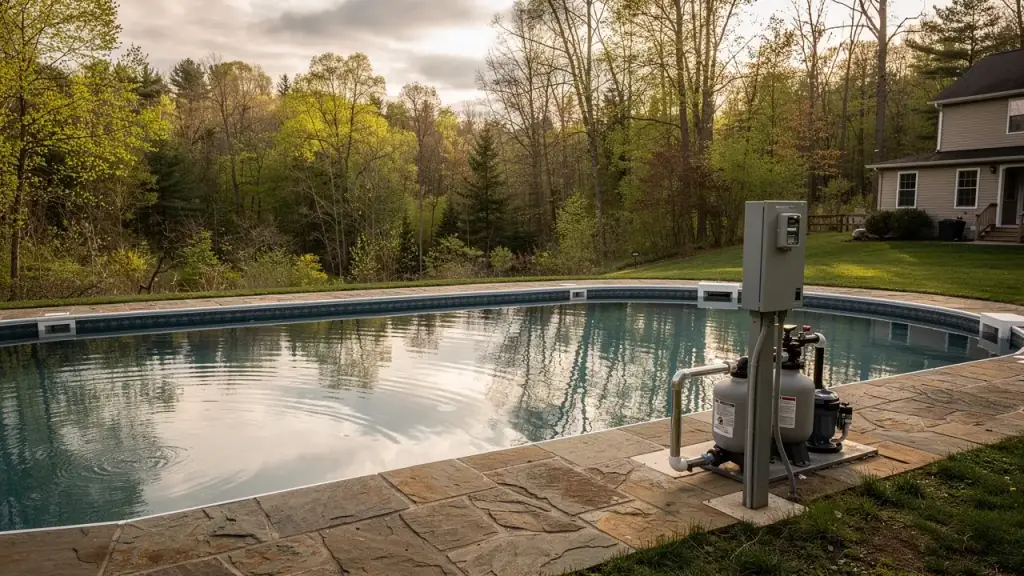 A backyard pool beside a stone patio at a country house, with a grey electrical disconnect on a post beside the pump