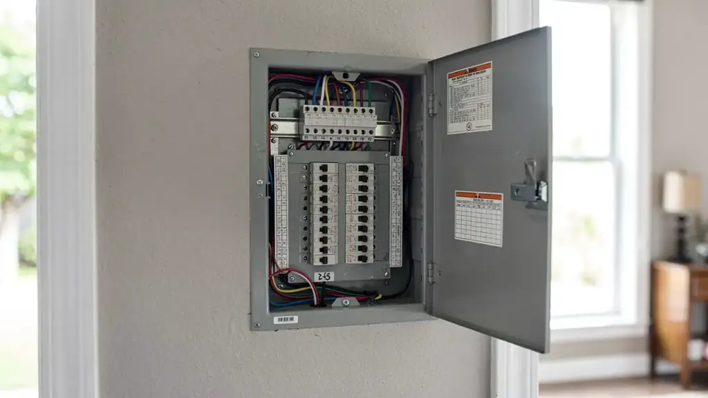 An open breaker panel set into a living-room wall, ready for a service upgrade
