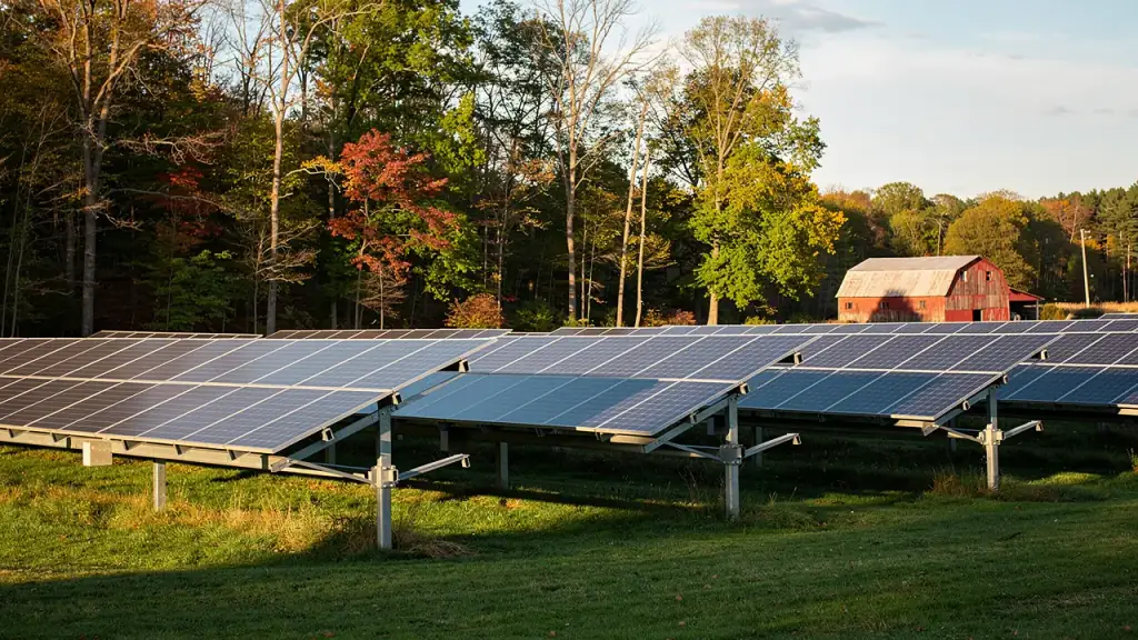 A ground-mounted solar array in a mown meadow at the edge of the woods, a red barn behind