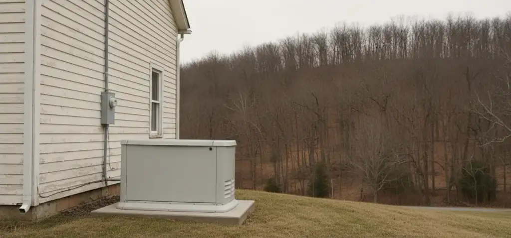 A standby generator on a concrete pad beside a farmhouse wall, conduit running to the transfer switch