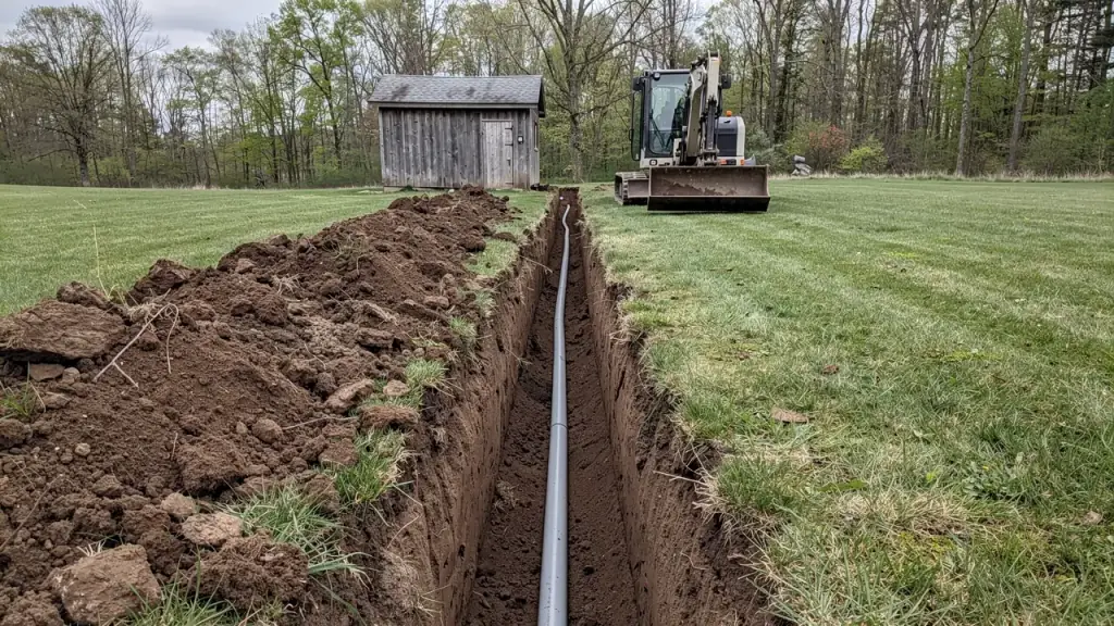 A fresh trench across a lawn with grey conduit laid in the bottom, a compact backhoe at the far end near a wooden outbuilding